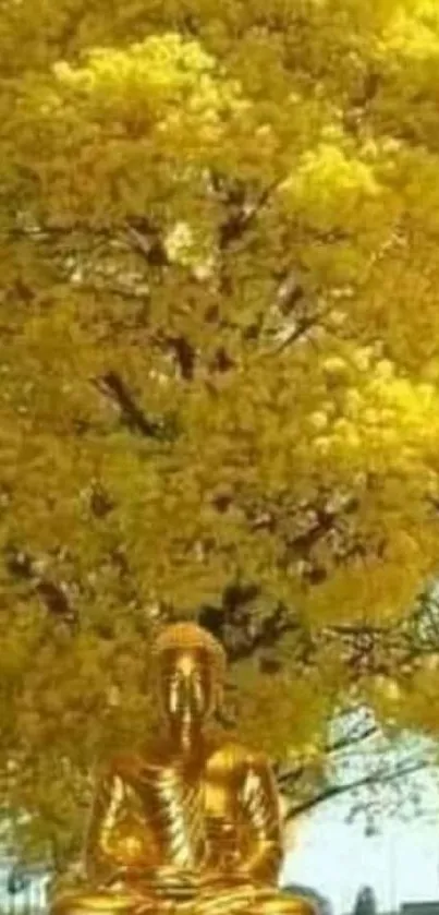 Golden Buddha statue beneath a vibrant yellow tree.