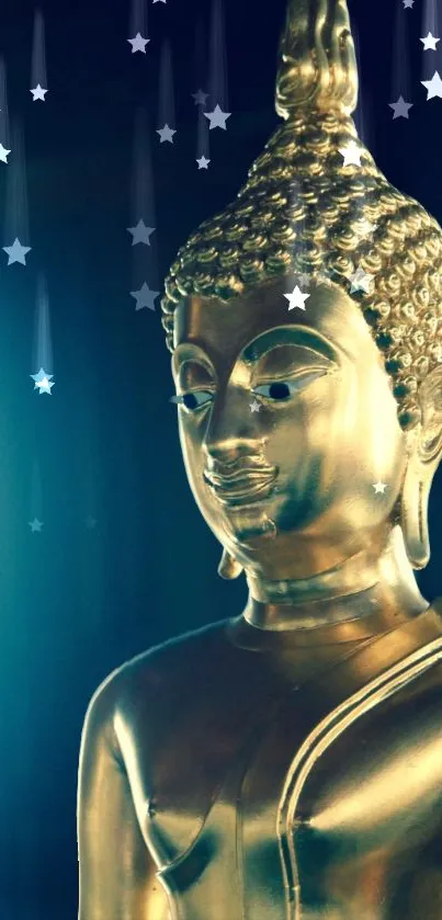 Golden Buddha with starry blue background.