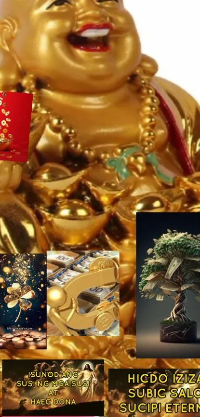 Golden Buddha surrounded by symbols of wealth and prosperity.