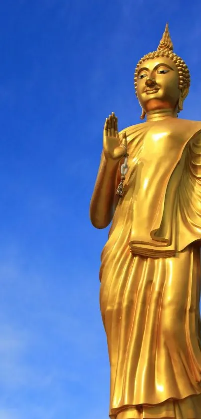 Golden Buddha statue with a blue sky background in mobile wallpaper.