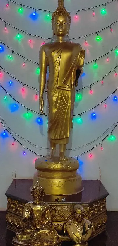 Golden Buddha statue with colorful lights background.