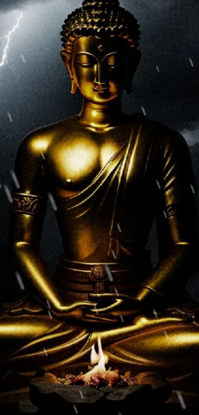 Golden Buddha statue with dramatic sky and lightning on mobile wallpaper.