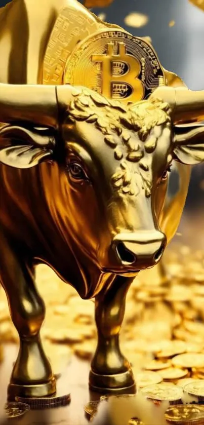 Golden bull with Bitcoin on coins background.