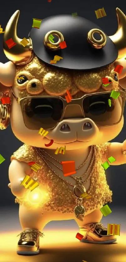 Gold-clad bull character with sunglasses and glowing accessories.