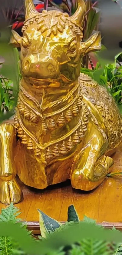 Golden bull statue surrounded by green plants.