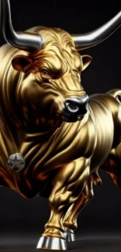 Golden bull sculpture on a dark background.