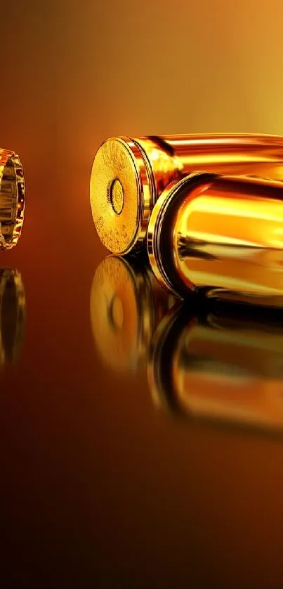 Gold bullets with reflections on a glossy surface.