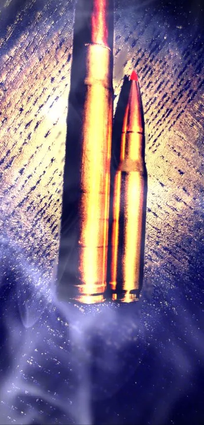 Golden bullets against a textured dark background with blue hues.