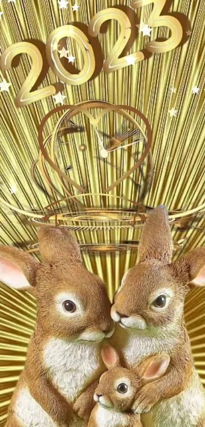 Golden 2023 wallpaper with a family of bunnies and heart-shaped clock.