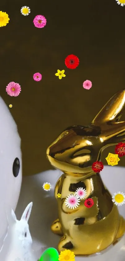 Golden bunny with colorful flowers mobile wallpaper.