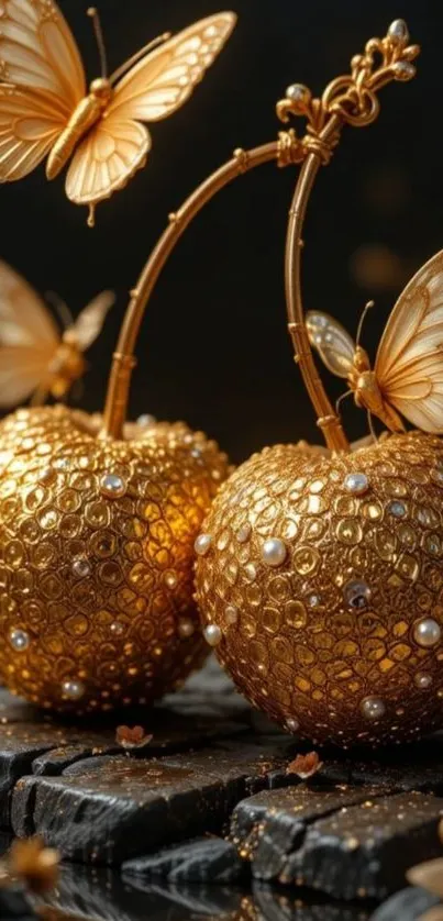 Golden orbs with butterflies on ornately designed wallpaper.
