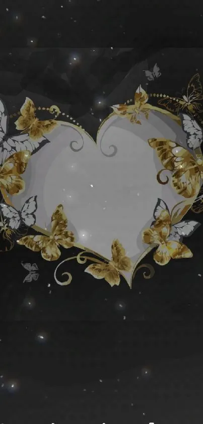 Golden butterflies forming a heart on a dark wallpaper.