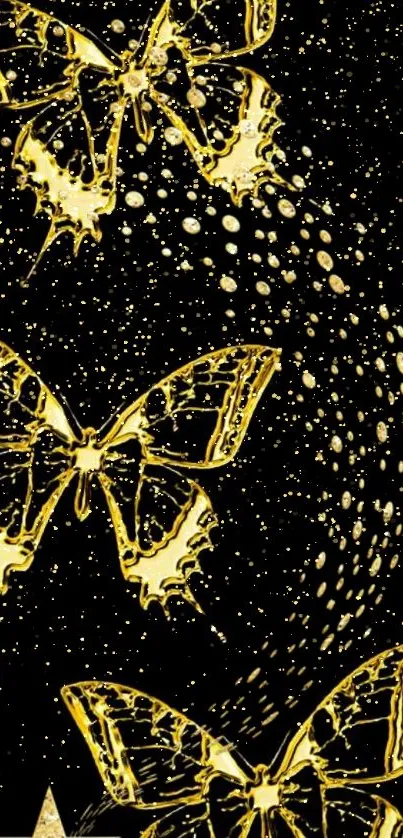 Golden butterflies with starry black backdrop, elegant and stylish phone wallpaper.