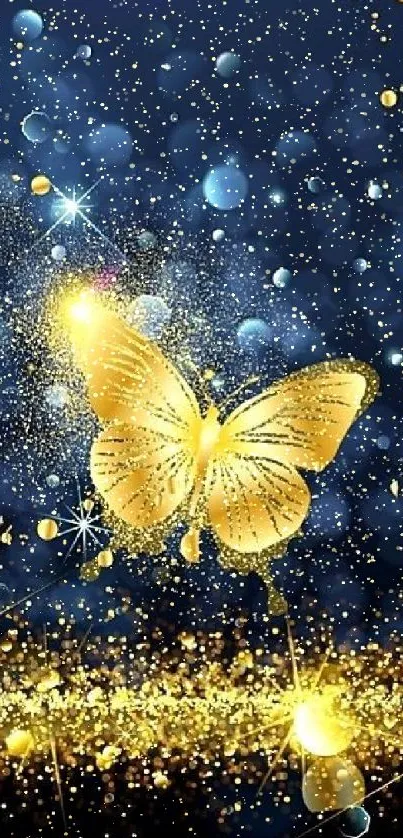 Golden butterflies sparkle on a dark blue background, creating an elegant wallpaper.