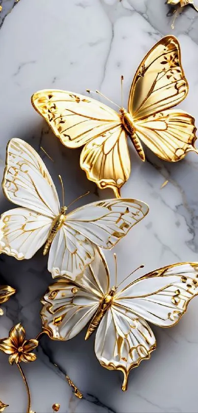 Golden butterflies adorn a marble background.