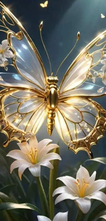 Golden butterfly with white lilies in a fantasy setting.