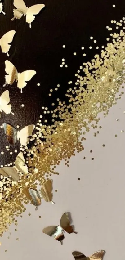 Gold butterflies and glitter on a sleek background wallpaper.