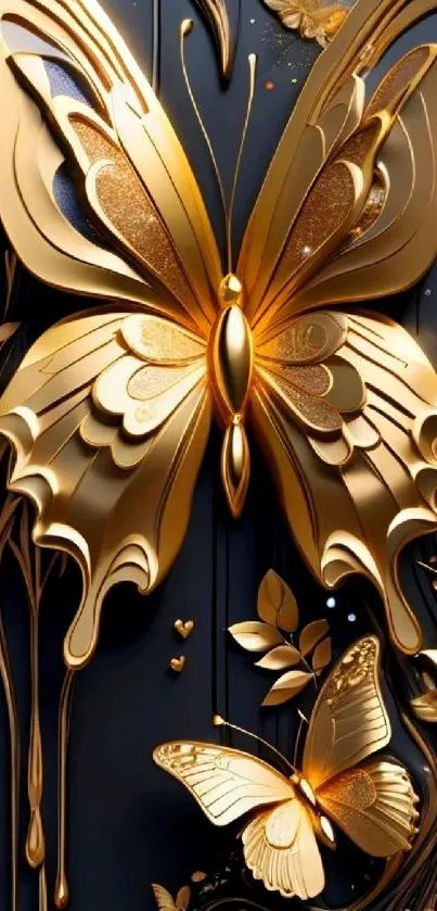 Elegant golden butterfly art on a black background mobile wallpaper.