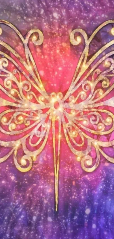 Golden butterfly on purple cosmic background wallpaper.