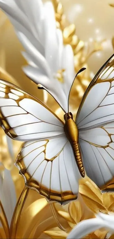 Golden butterfly with white and gold accents in elegant setting.