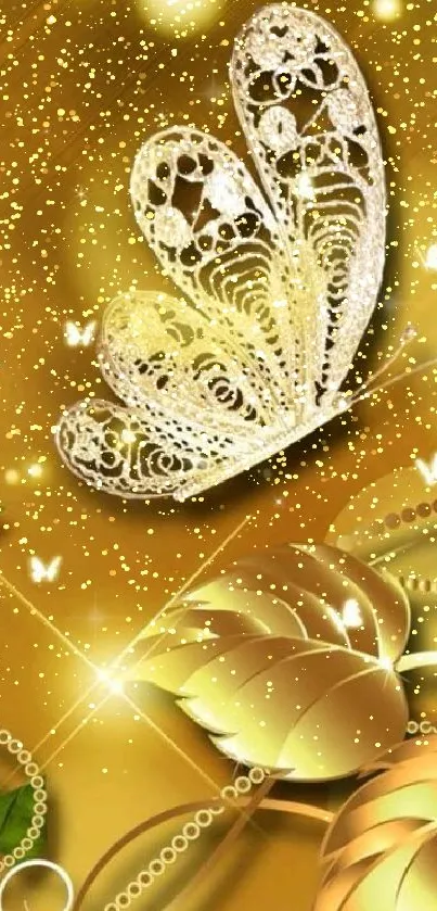 Golden butterfly with lace detail on a glowing background.