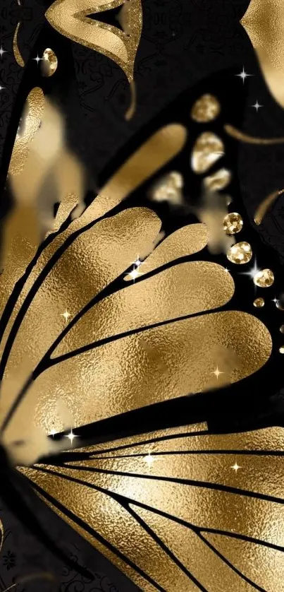 Elegant golden butterfly on black background with shiny metallic finish.