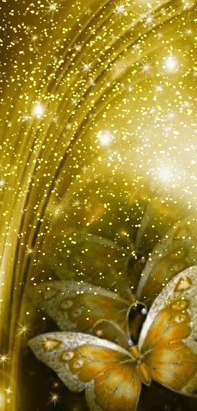 Golden butterfly with sparkling stars wallpaper.