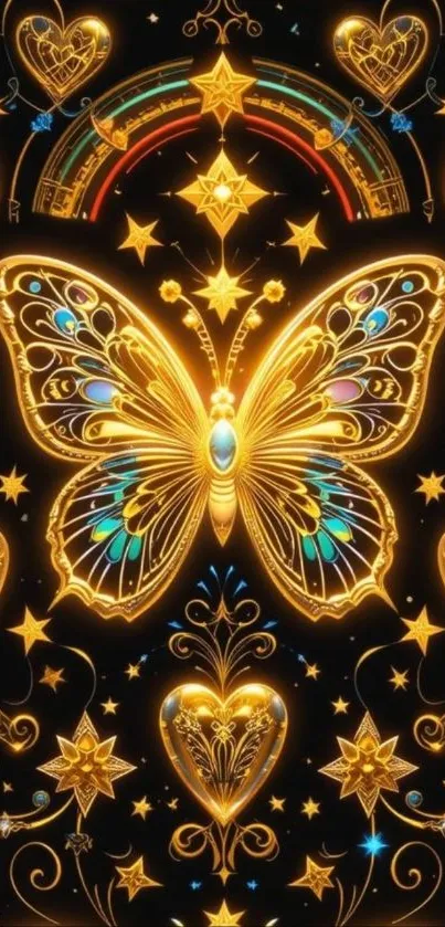 Golden butterfly and stars fantasy wallpaper.