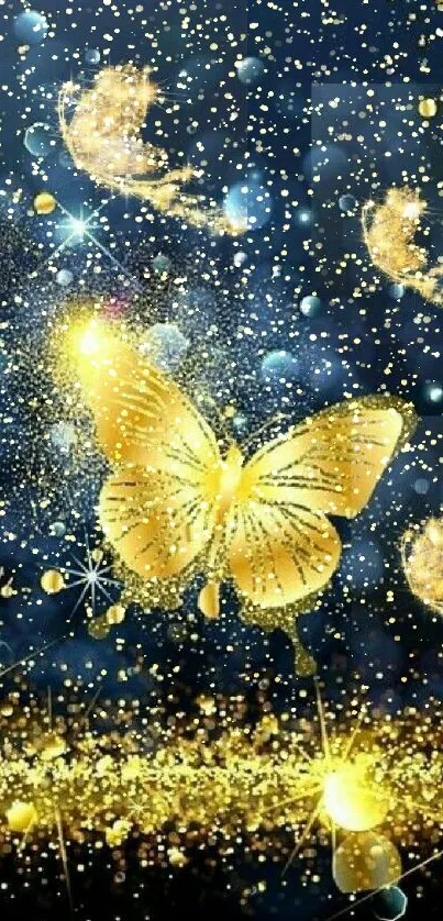 Golden butterflies with sparkling particles on a deep blue background.