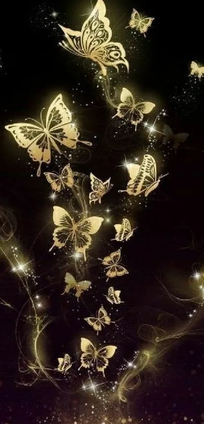 Golden butterflies on dark mystical background with artistic swirls.