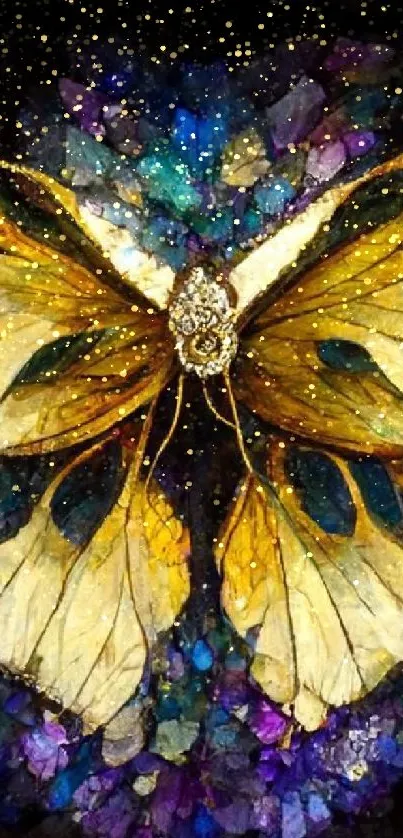 Majestic golden butterfly with jewel tones in fantasy art wallpaper.