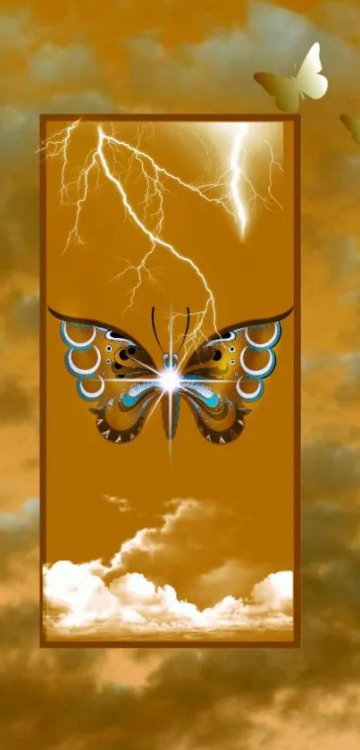 Golden butterfly with lightning and clouds on a fantasy art wallpaper.