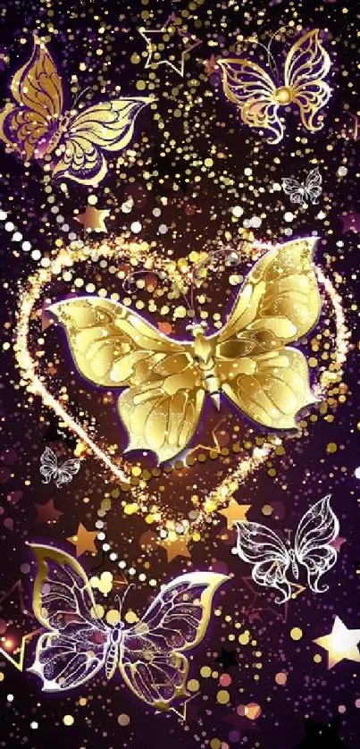 Golden butterfly on dark background with stars.