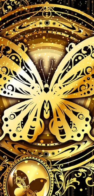 Golden butterfly fantasy wallpaper with ornate design.