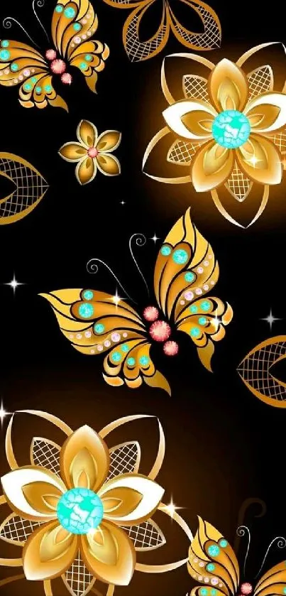 Golden butterflies and flowers on a dark background.