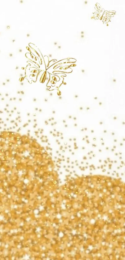 Golden butterflies with glitter sparkles on a phone wallpaper.