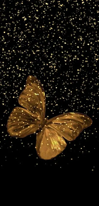 Golden butterfly with glittering stars on black background wallpaper.