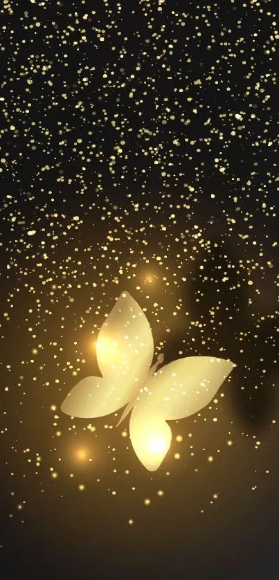 Golden butterfly glows against a dark background with light effects.