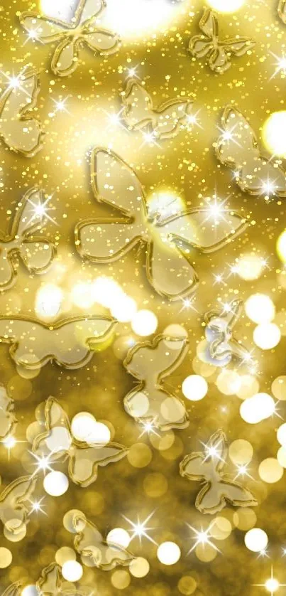 Butterflies with golden glow and sparkling lights on mobile wallpaper.