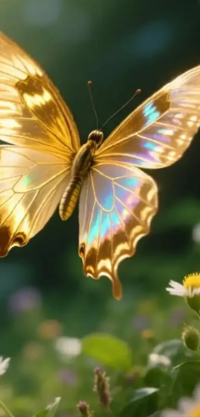 Golden butterfly with vibrant wings in a floral garden.
