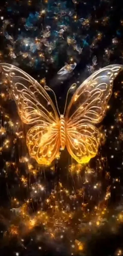 Golden butterfly floating amidst cosmic stardust on mobile wallpaper.