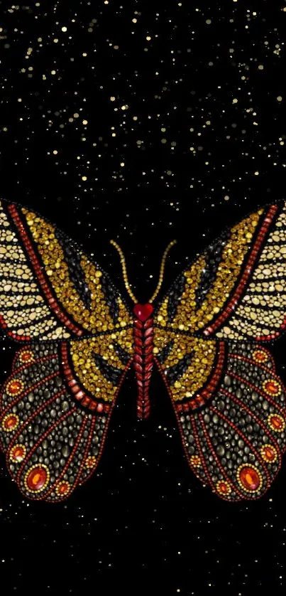 Golden butterfly with intricate design on a starry black background.