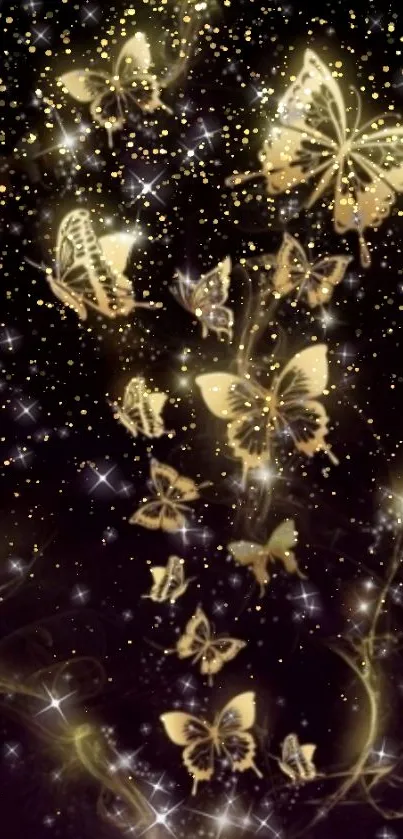 Golden butterflies shimmering against a starry night sky background.