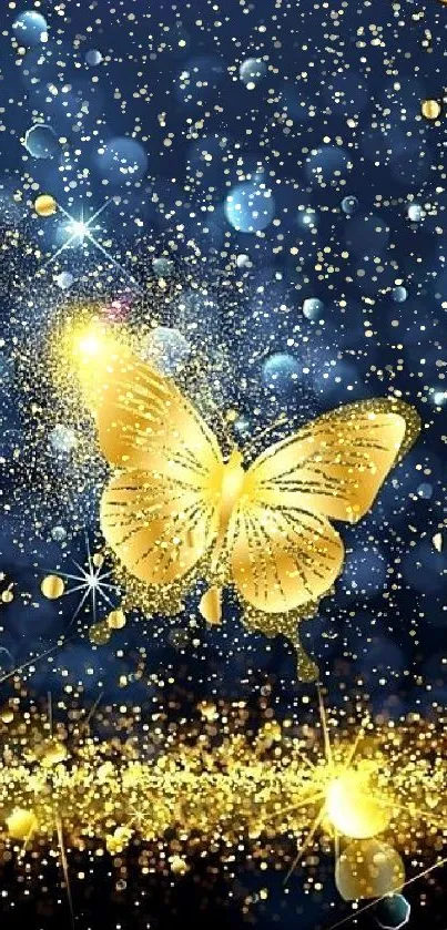 Golden butterfly on a blue bokeh background wallpaper.