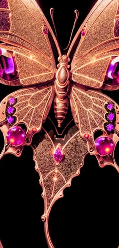 Exquisite golden butterfly on a black background with vibrant gemstones.