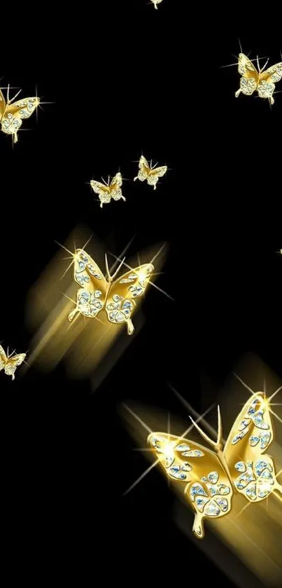 Elegant wallpaper featuring golden butterflies on a dark background.