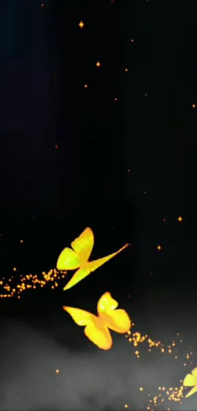 Elegant golden butterflies on a dark background with scattered sparkles.