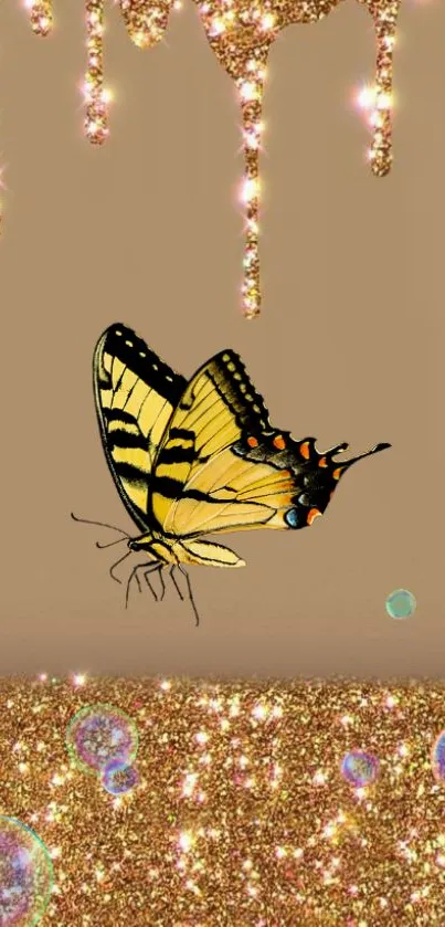 Golden butterfly with glitter and bubble accents on a mobile wallpaper.