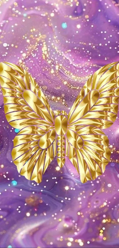 Golden butterfly on a purple galaxy background with glitter.