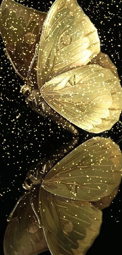 Golden butterfly with reflection on black background, elegant mobile wallpaper.